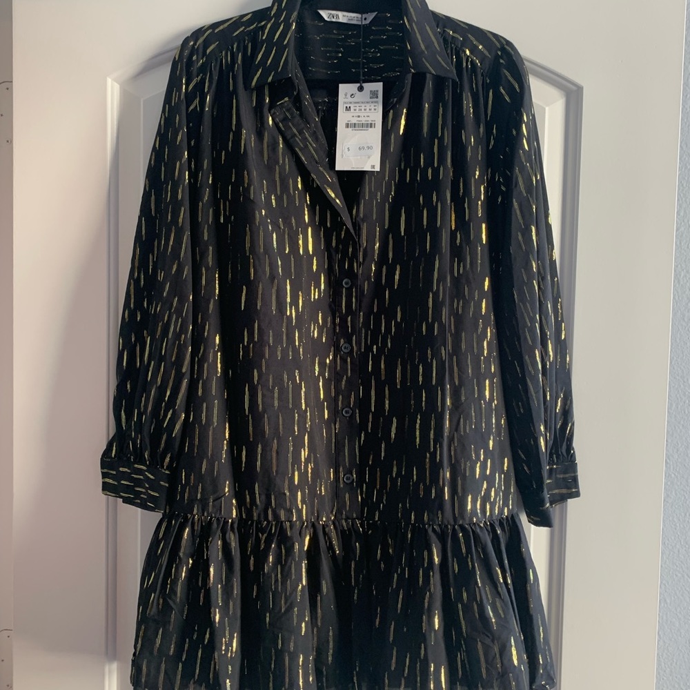 NWT Zara black with gold lurex shirt dress